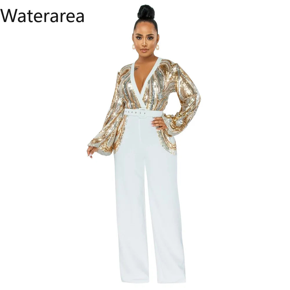 Stylish V-Neck Sequin Jumpsuit - Perfect for Office or Formal Wear!