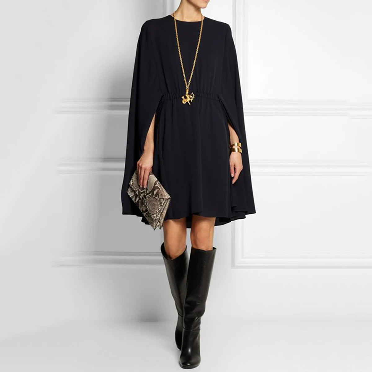 Elegant Black Cape-Style Mini Dress for Women - Yeezzi Fashion