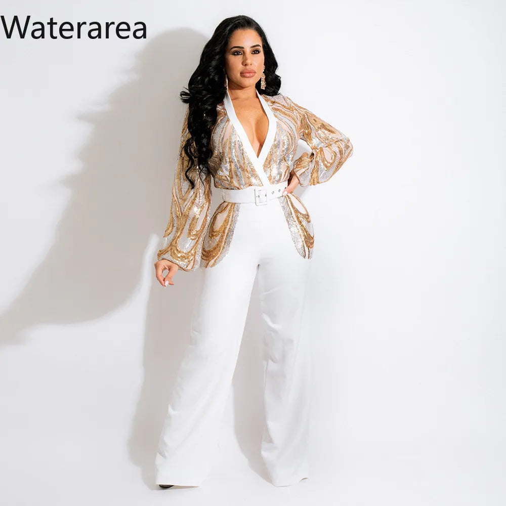 Stylish V-Neck Sequin Jumpsuit - Perfect for Office or Formal Wear!