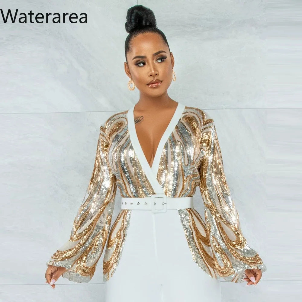 Stylish V-Neck Sequin Jumpsuit - Perfect for Office or Formal Wear!