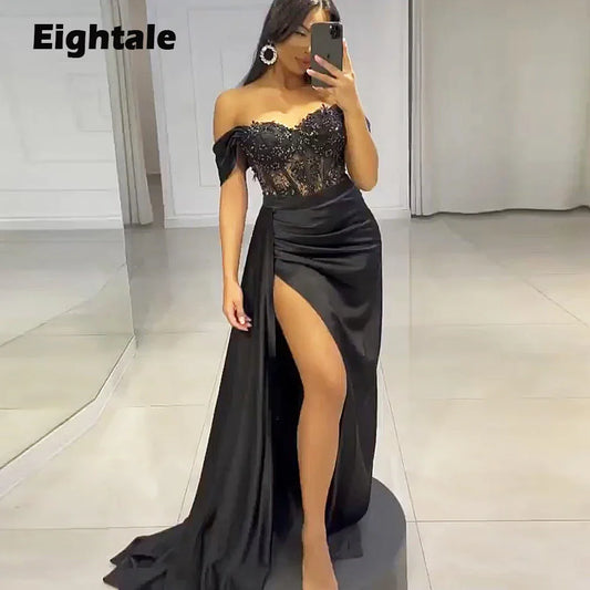 Black Off-Shoulder Evening Gown with Lace Corset and High Slit