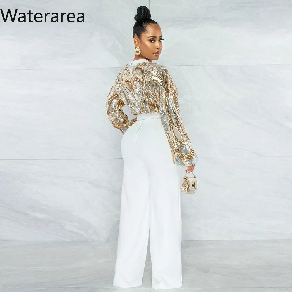 Stylish V-Neck Sequin Jumpsuit - Perfect for Office or Formal Wear!