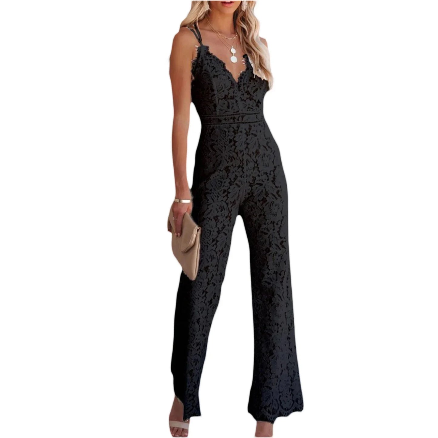 Trendy black lace jumpsuit for summer parties