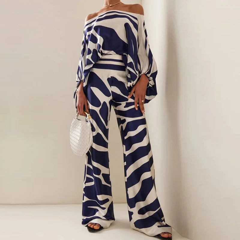 Straight Wide Leg Pants Women Print Two Piece Set Casual Summer Female